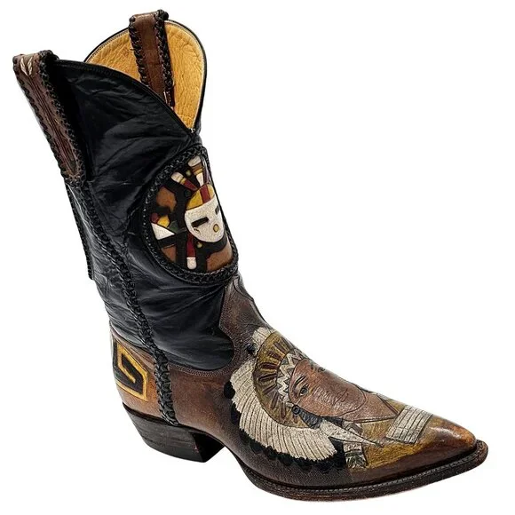 Custom 9D Hand Tooled/ Painted Native American Chief boots Vintage 1995 Western - Picture 14 of 16